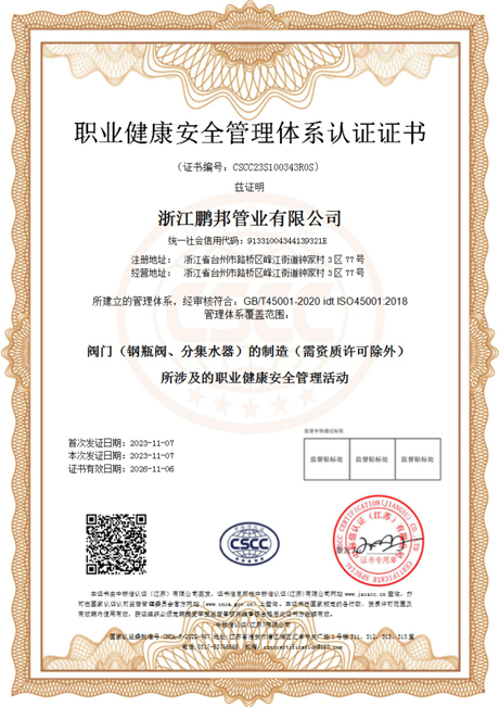 职业健康安全管理体系认证证书